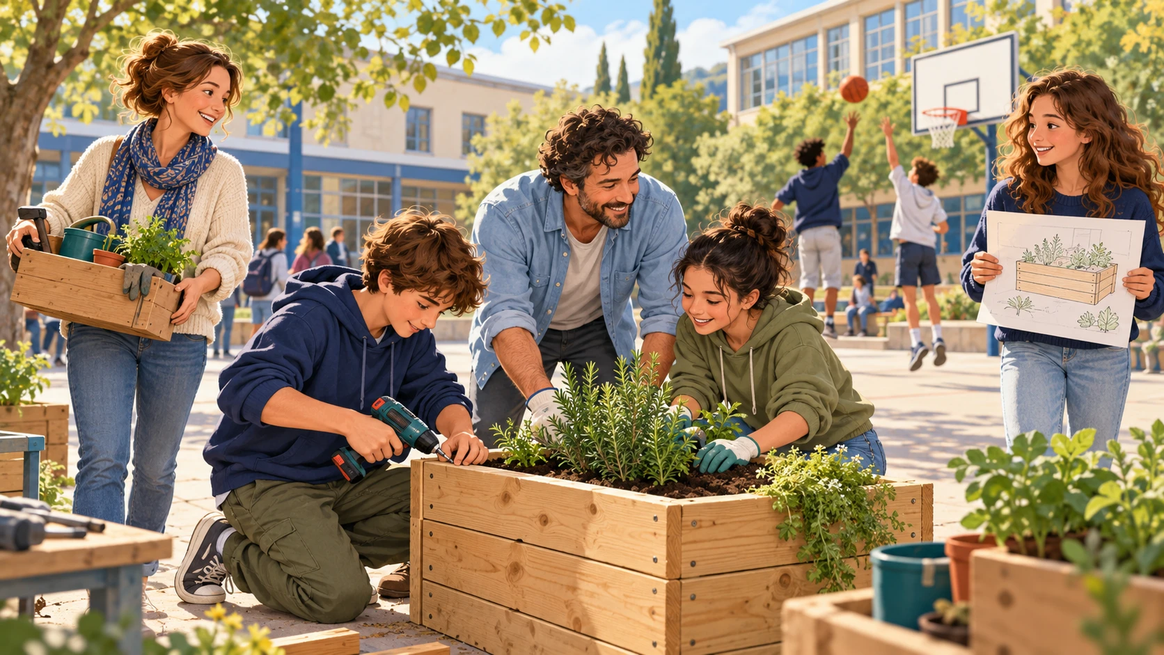 Des parents et des élèves construisent ensemble un bac de jardinage